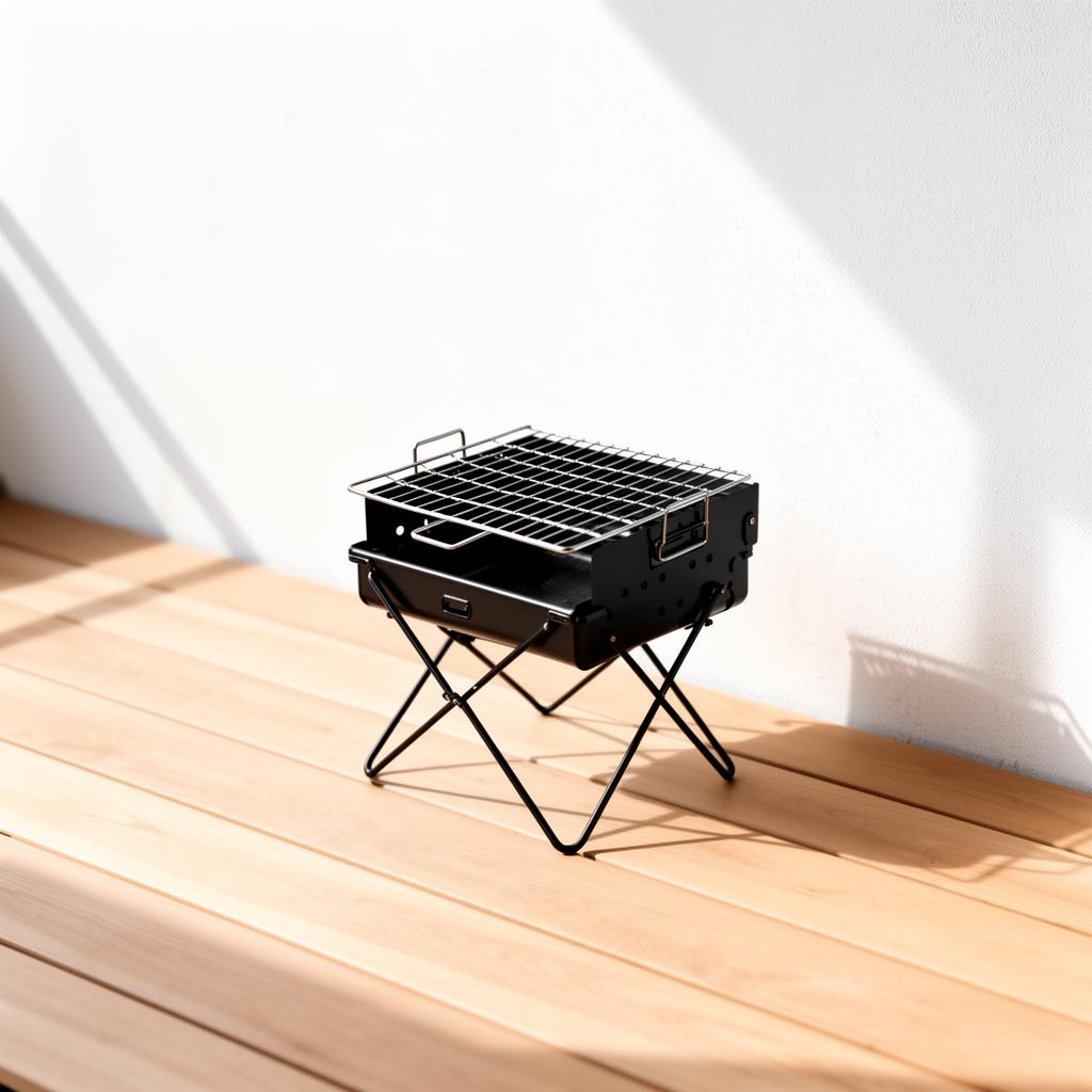Portable folding charcoal BBQ grill on wooden balcony