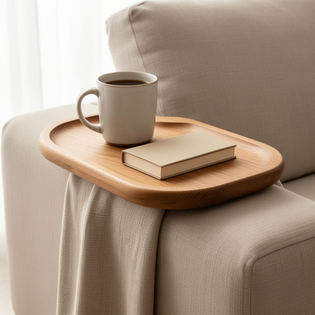 Solid oak couch arm tray with mug and book