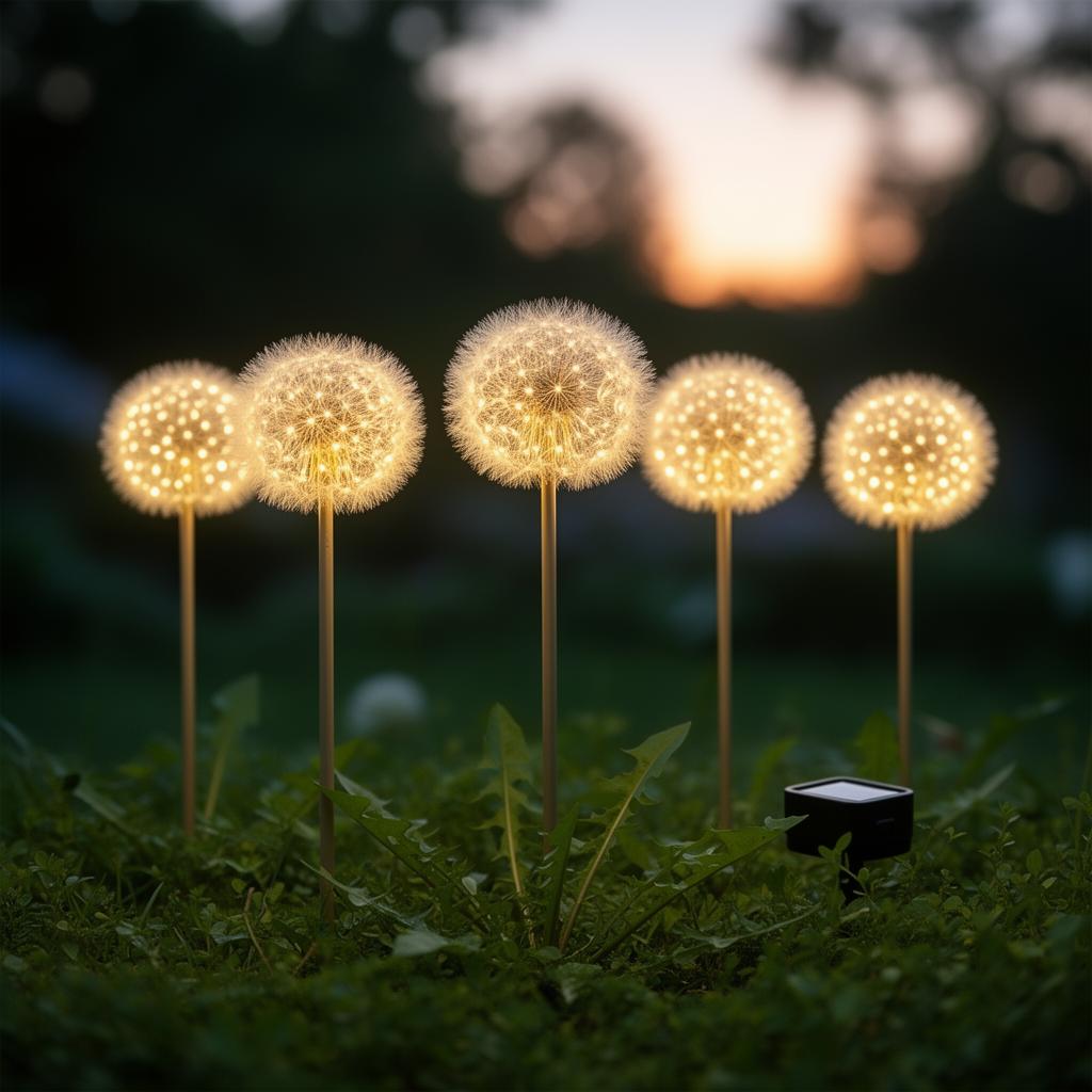 Solar dandelion garden lights glowing at dusk
