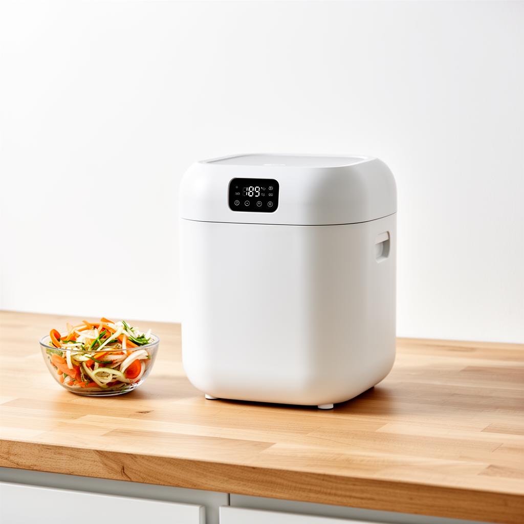 Electric countertop food composter on oak counter