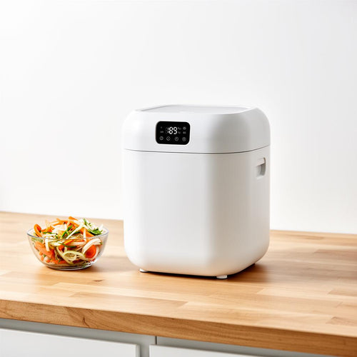 Electric countertop food composter on oak counter