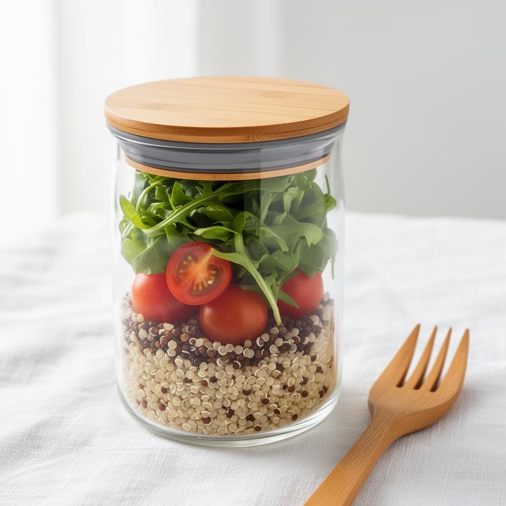 Side-opening airtight salad jar with bamboo lid